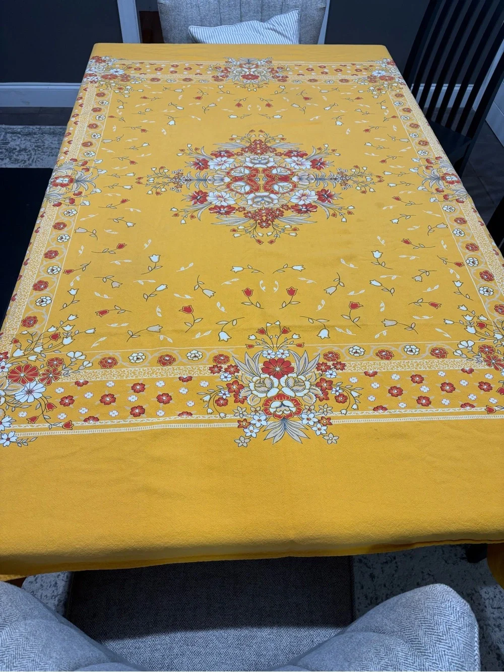 Vintage (1970’s ?) Yellow Floral Tablecloth - Elegant Dining Accent